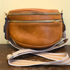 Brown Medium Crescent Crossbody Bag Double Zi...