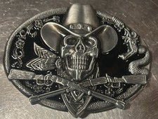 New Western Skull W Hat Crossed Rifles Metal Onyx Black Enamel Belt Buckle