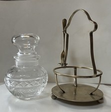 Vintage Cut Glass Small Pickle Jar E/glass Knob Lid, Epns Fork And Stand