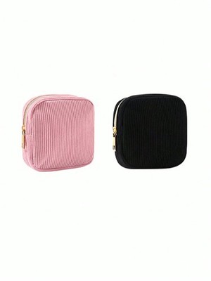 2pcs Pink+Black Corduroy Zipper Period Bag For Pads Tampons Makeup Storage