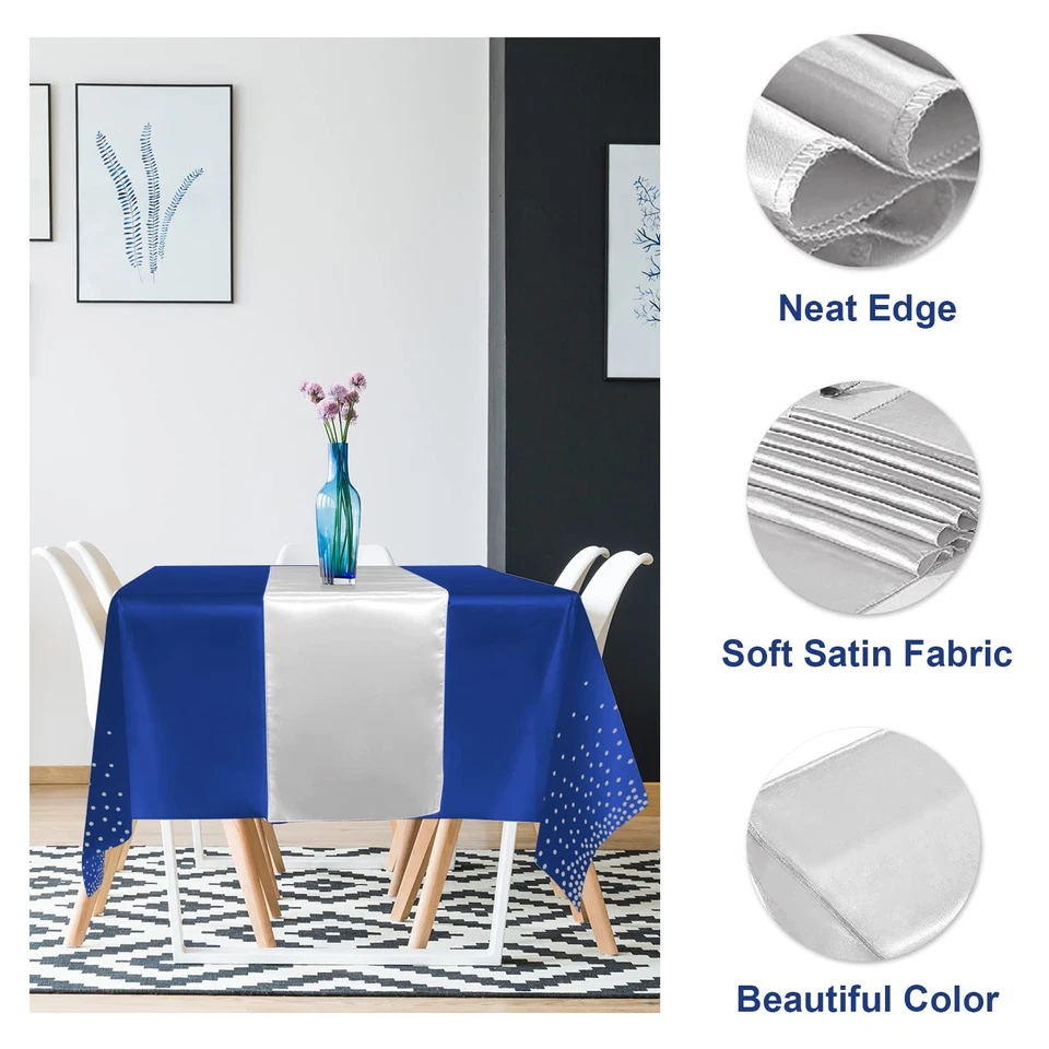 24Pack Disposable Plastic Tablecloths and Satin Table Runner Set Blue and Sil... - Image 3 of 4