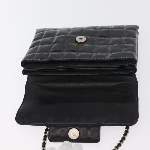 CHANEL Choco Bar Line Hand Bag Patent leather Black Silver CC Auth bs35070A - Picture 21 of 24