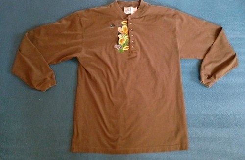 Vintage Disney Store Pocahontas Meeko Flit Henley Shirt Size L Brown Embroidered - Picture 1 of 10