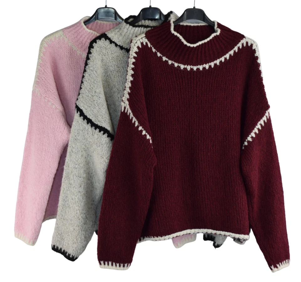 Ladies Italian Lagenlook Soft Cosy Wool Blend High Neck Blanket Stitch Jumper. - Image 4 of 4