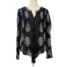 Lucky Brand Black Sheer Floral Button Up Front Tie Collarless V-Neck Shirt