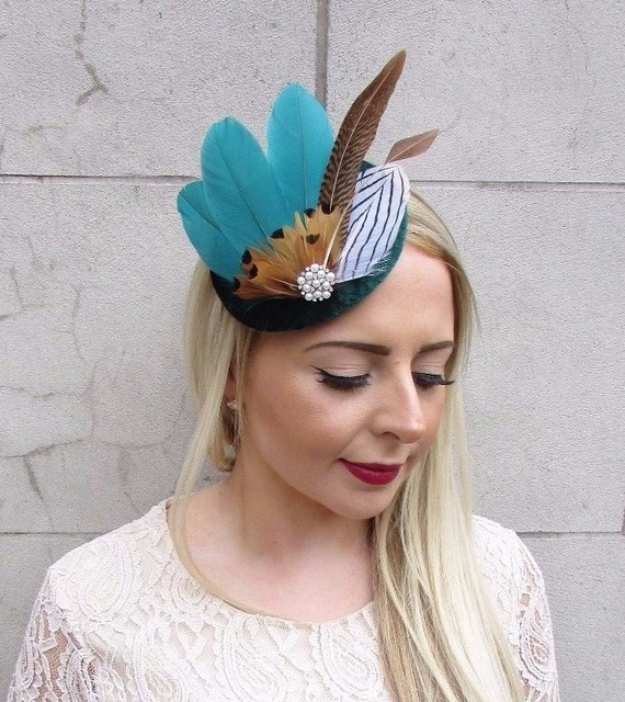 Turquoise Sea Green White Feather Fascinator Pillbox Hat Hair Clip