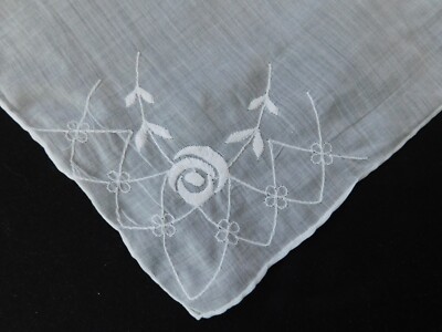 Vintage Semi-Sheer White Cotton Hankie with White Embroidered Flowers Wedding