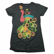 Woman's Junk Food Peace Peacock Short Sleeve Black T-Shirt Sz Jr’s Large NEW