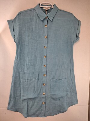 blu pepper button down dress Blu Pepper Dress Womens Large L Green Button Down Pockets Roll Tab Sleeve Belted