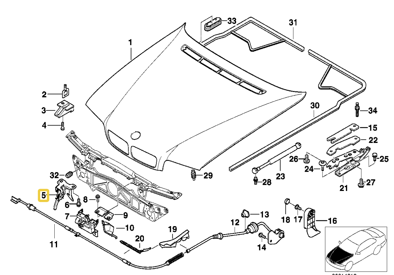1995-1998 BMW E38 7 Series Hood Latch Release Lever Safety Catch 