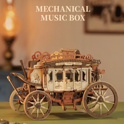 Robotime Holz 3D Puzzle Stagecoach Spieluhr DIY Bausatz Geschenk für Erwachsene