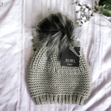 Women Hat Beanie Gray Warm Winter Knit Beanie Fur Pom Bobble Hat Crochet Ski Cap