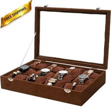 Jewelry Watch Tray, Brown Velvet Watch Jewelry Organizer 12 Grid Stackable Watch