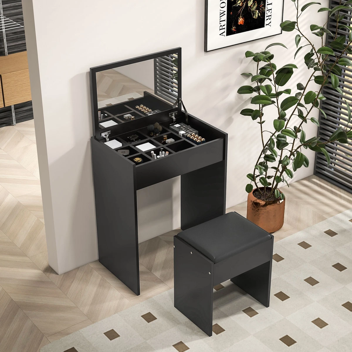 Mirrored Vanity Set Dresser Table Stool Set Flip Top Bedroom Black | eBay