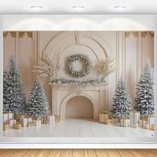Christmas Backdrop 10X8Ft White Classic Interior Room Fireplace Photography Back