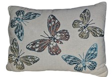 Butterfly Embroidered Lumbar Throw Pillow on Beige Linen Fabric EUC