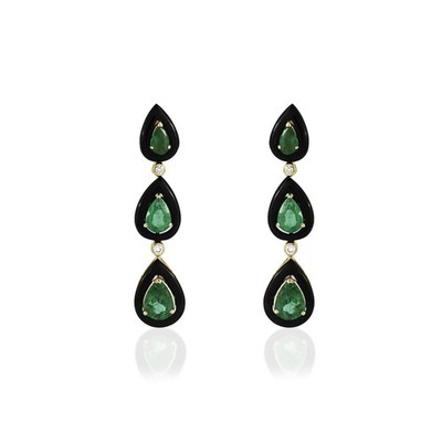 18K Gold echter dreifacher Smaragd Diamant schwarzer Onyx Träne Ohrhänger