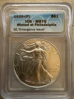 2020 (P) SILVER EAGLE ICG MS70 EMERGENCY ISSUE MINTED AT PHILADELPHIA MINT LABEL