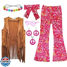 XonyiCos 8 Pcs Girls Kids 60s 70s Hippie Costume Disco Outfits Fringe Vest Bo