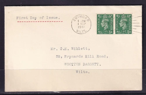 GB 1941 KGVI FIRST DAY COVER LIGHT COLOUR DEFINITIVES ½D PALE GREEN SG485 #C2298