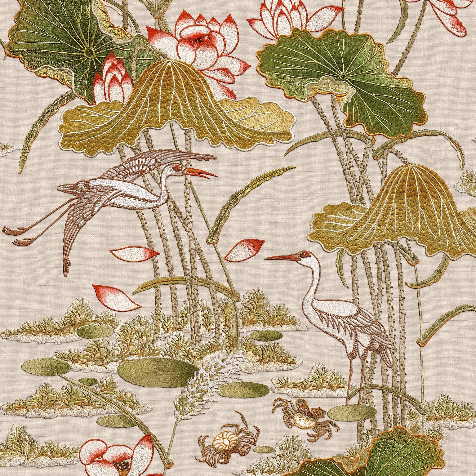 Design ID Taupe Lotus Pond Wallpaper Crane Lily Pads Textured Paste The Wall
