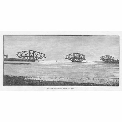 Forth Road Bridge im Bau Ansicht von Osten - antiker Druck 1888