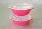2 Pyrex Pink Flamingo Coral 080 8oz Casserole Dishes with 086 Lids, Vintage