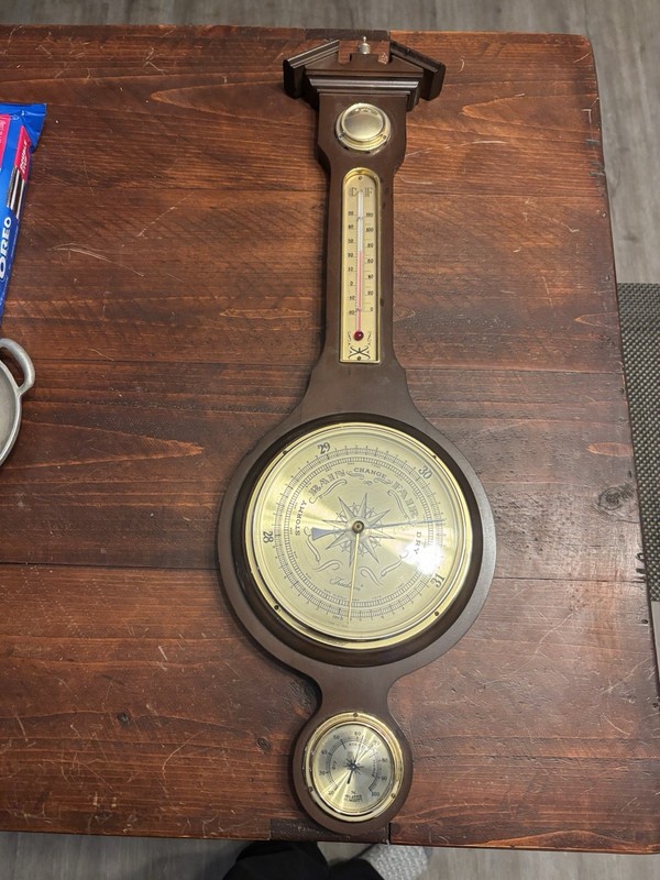 Vintage Mid Century Banjo Thermometer Barometer And Hygrometer Wood Brass Accent