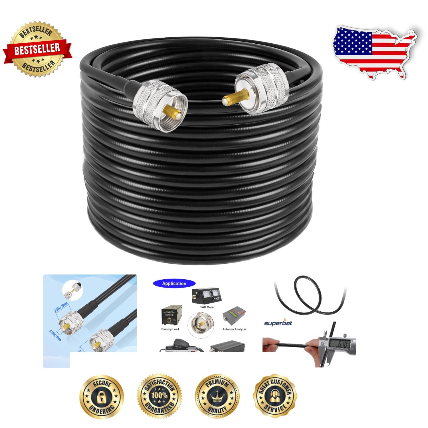 Premium 50ft RG8X Coax Cable with UHF PL259 Connectors for Antenna Systems
