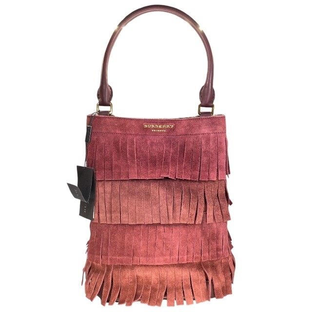 BURBERRY Handbag Tote Bag Handheld Shoulder Fringe Logo Suede Bordeaux with Po