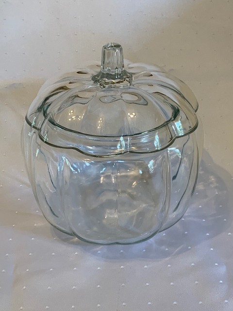 Vtg Clear Glass PUMPKIN Jar Dish W/Lid Candy Jar Cookie Canister Fall