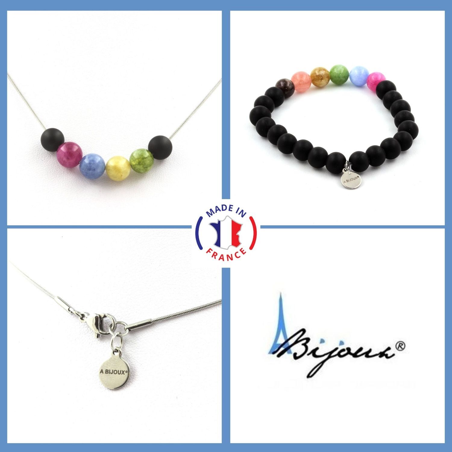 Parure collier bracelet perles tourmaline multicolore onyx noir mat taille S minéraux naturels
