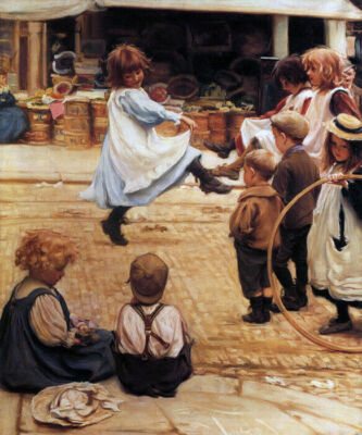 AN IMPROMPTU BALL CHILDREN PLAYING ON THE STREET 1899 PAINTING BY EVA ROOS REPRO