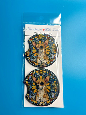 Set Of 2 Handmade Sublimated Neoprene Car Coasters Stained Glass Chihuahua Dog