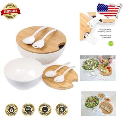 Stylish Bamboo Serving Set - Large & Medium Bowls with Dual Cutting Board Lids