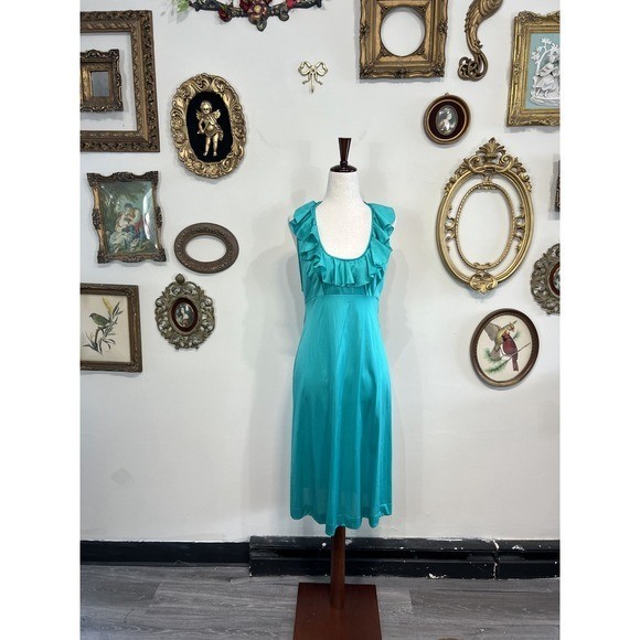 Vanity Fair Vintage Teal Ruffle Halter Neck Slip … - image 1