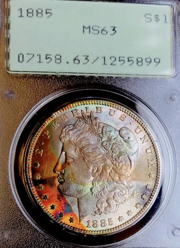 1885 P MORGAN PCGS MS63 END ROLL TONER**OLD RATTLER**RARE RAINBOW PQ+++NR #76281
