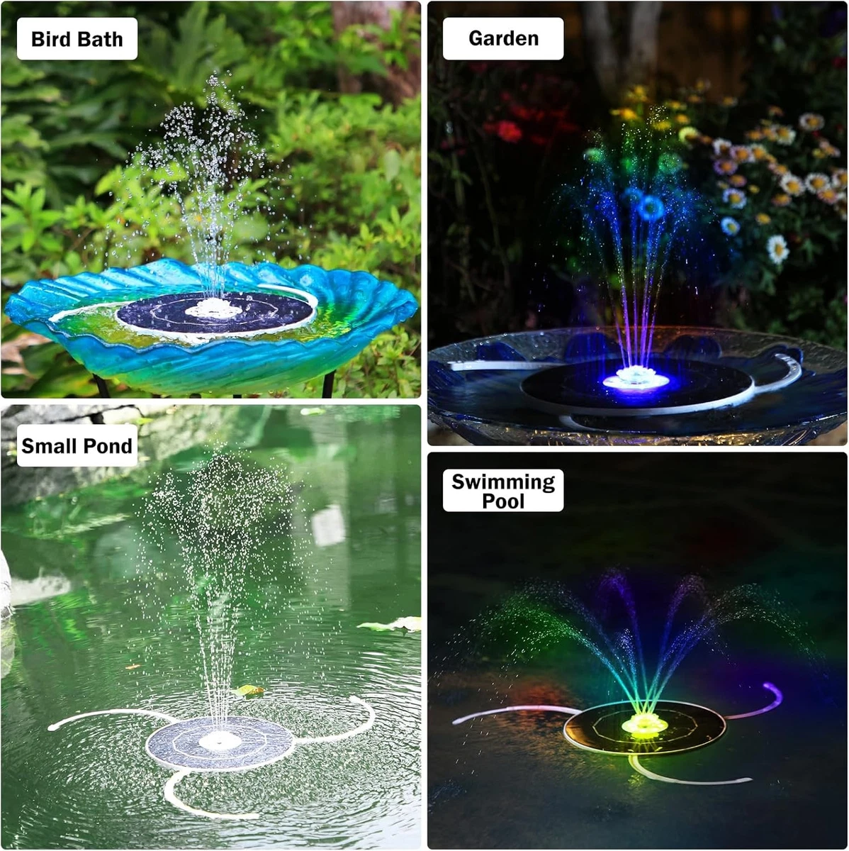 Fuente De Agua Solar Con Luces LED - 8 Boquillas Intercambiables | Para Jardín, Estanques Y Baños De Pájaros