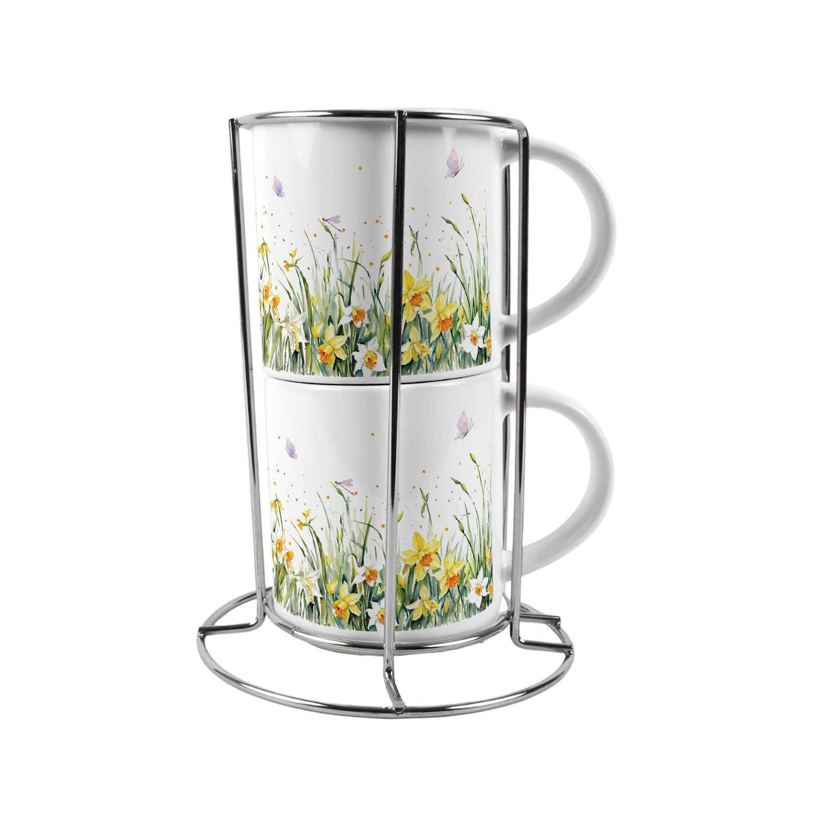Spring Daffodils Stacking Mugs Set Gift - Ceramic Cups Set of 2 with Metal Stand