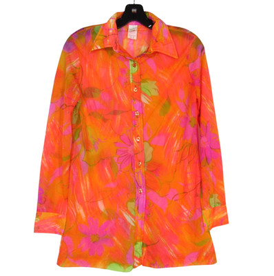 VTG JANTZEN Sheer ORANGE Psychedelic BUTTON-UP Retro SHIRT TOP BLOUSE sz L (S/M)