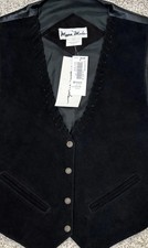Mona Mode Large Women  s Vintage Black Genuine Leather Suede Vest Snap Front