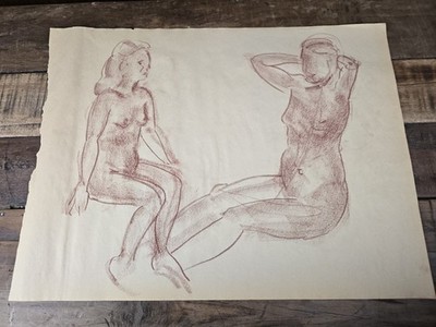 Vintage 1979 Double-Sided Figure Drawing 18x24 Conte Life Study Two Figures