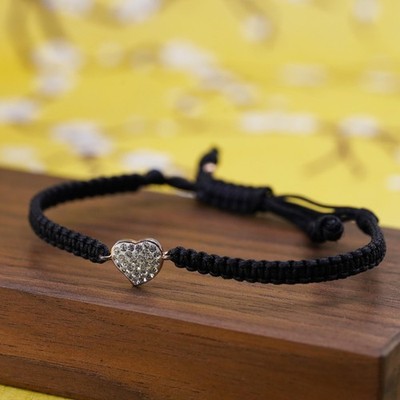 8'', black linen thread bracelet with Sterling 925 silver heart charm cluster cz