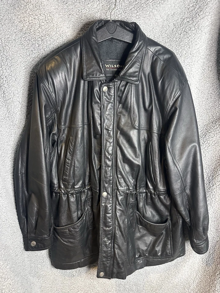 Vintage WILSONS Cinch Waist Full Zip Thinsulate Lined Black Overcoat LEATHER VGC