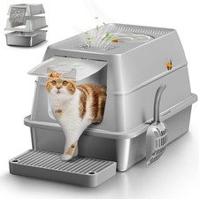 Eosarcu Stainless Steel Cat Litter Box Removable Lid, Easy Cleaning - Grey