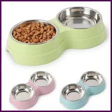 Double Pet Bowls Stainless Steel Dog Cat Feeder Food Water Dish Small Pets