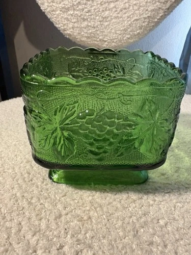 Vintage Anchor Hocking square green glass dish embossed grapes & leaves pattern