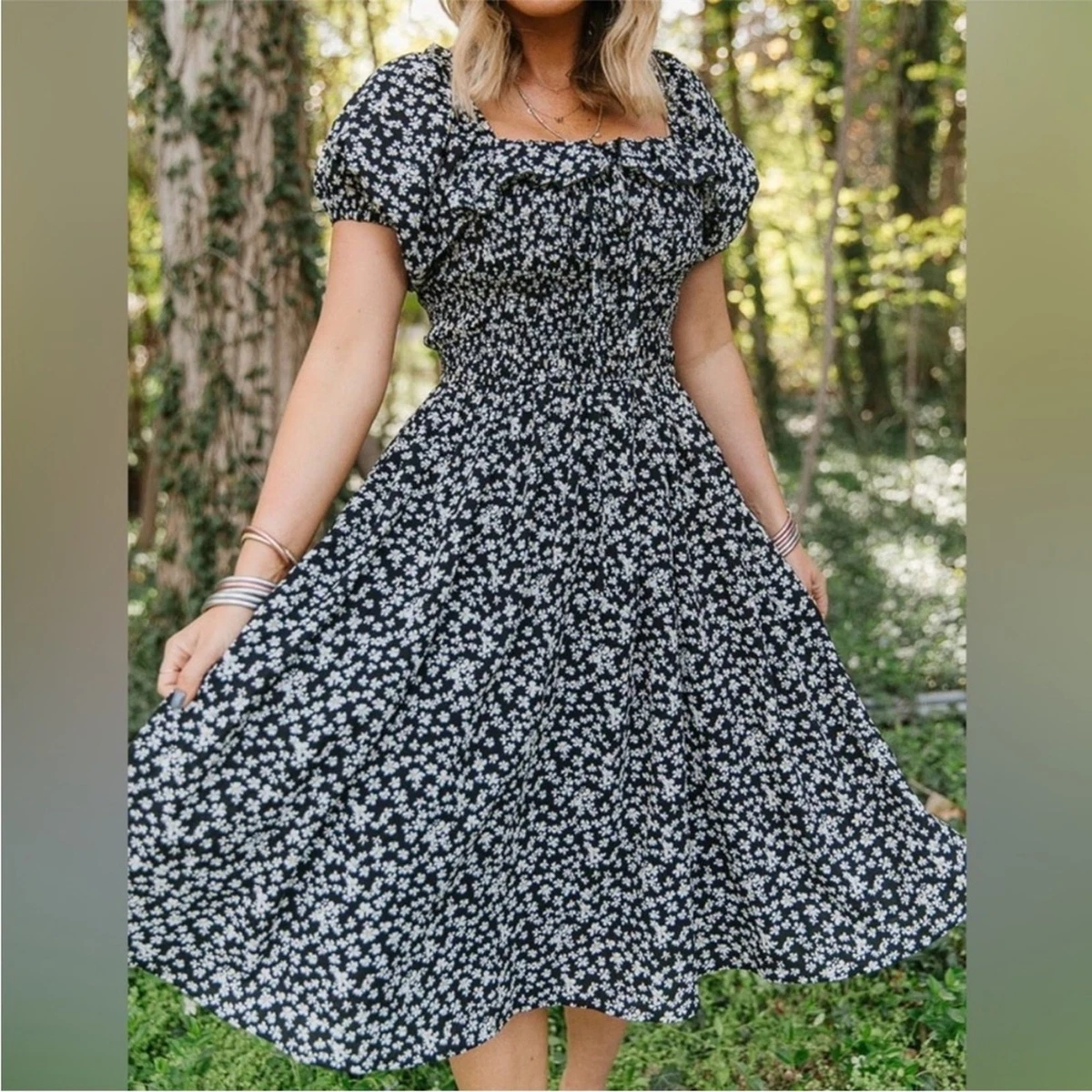 EsEiCo Vestido De Verano De Manga Corta Con Cuello Cuadrado Y Espalda Descubierta Para Mujer, Blanco, XS