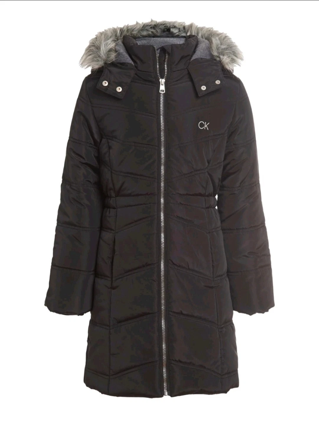 Calvin Klein Girls Black Hooded Long Puffer Jacket Faux Fur Trim Sz 8/10 Medium