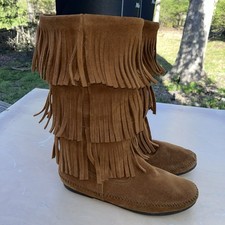 Minnetonka 3 Layer Fringe Moccasin Boots in Soft Brown Suede Women's Sz 8